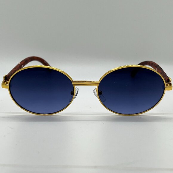 Men Sunglasses Oval Hip Hop Gold Blue Lens Small Retro Designer Rimless Shades - Picture 3 of 4